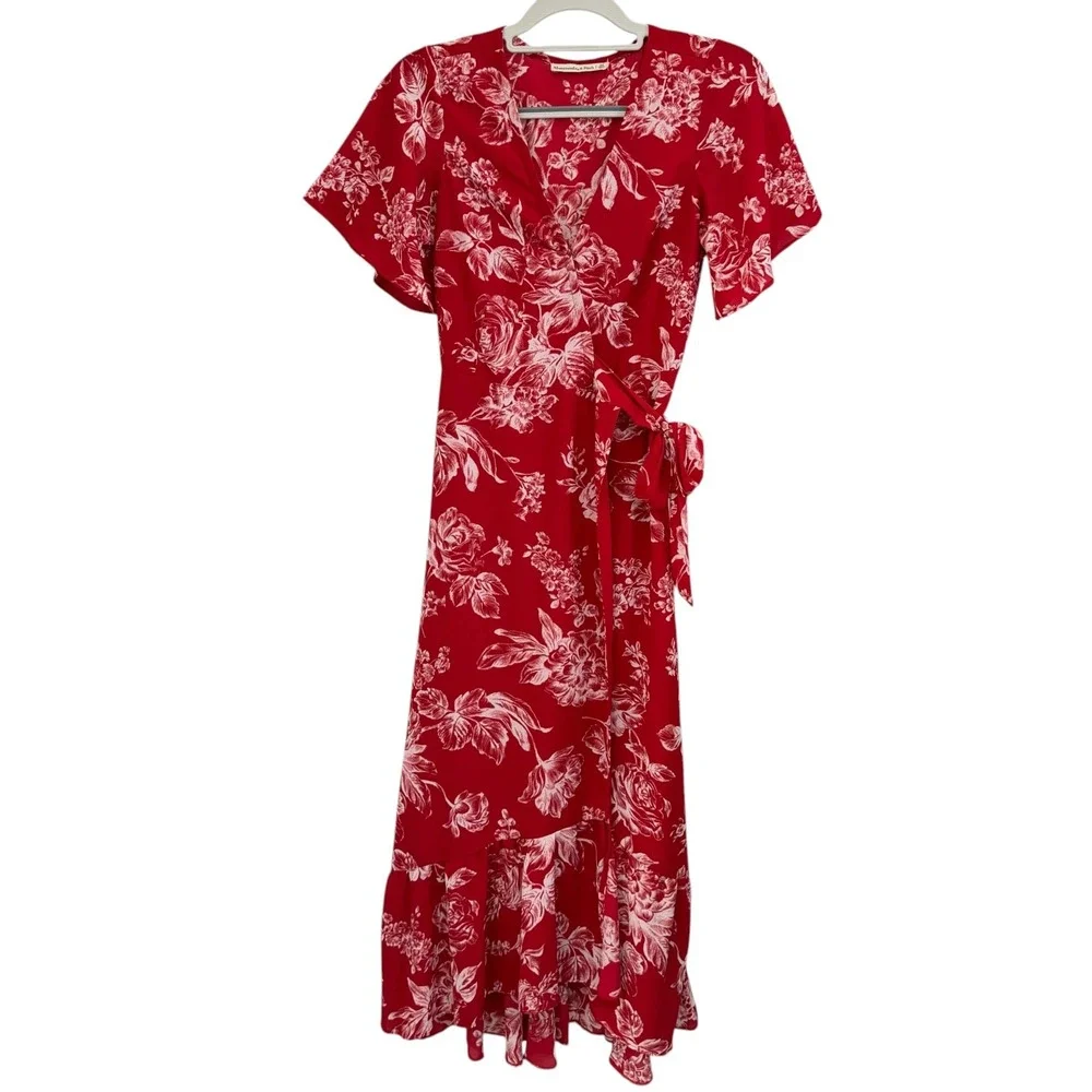 Abercrombie & Fitch Floral Wrap Tiered Flowy Boho Maxi Dress Womens XSmall Red